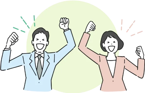 カラフルボックスのお陰で業務の負担が減って喜ぶ男女の社員イラスト